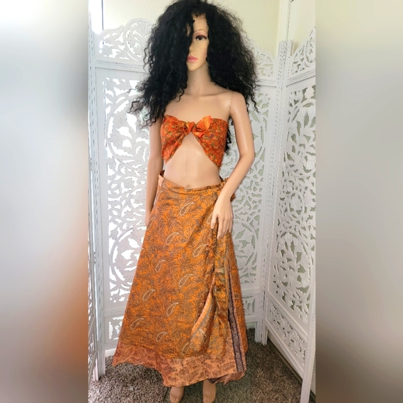 Exotic Boho Silk Muted Gold & Blue Reversible Wrap Maxi Skirt - Picture 3 of 16